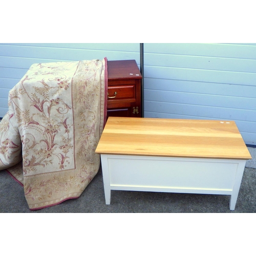 840 - A reproduction mahogany low cupboard, modern blanket box, Laura Ashley rug and lamp standard (4)