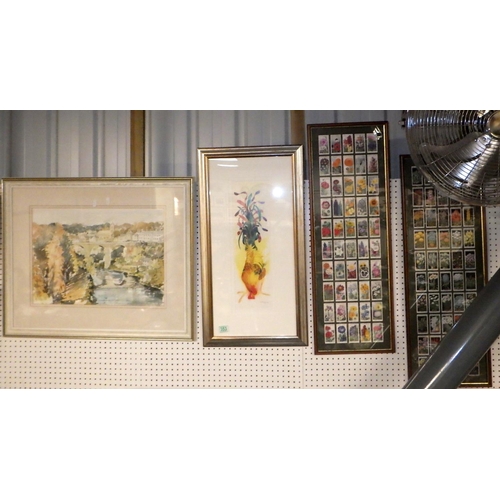 353 - Ian Thorpe signed watercolour together with two framed cigarette card sets and a signed chicken prin... 