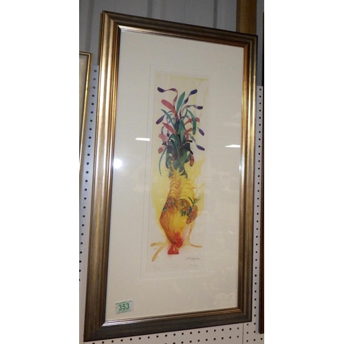 353 - Ian Thorpe signed watercolour together with two framed cigarette card sets and a signed chicken prin... 