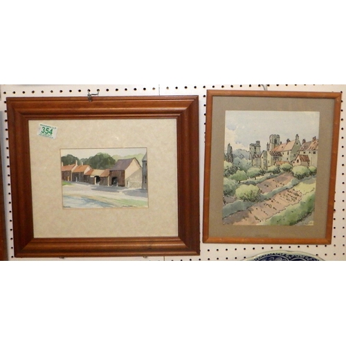 354 - Colin Lewis Don: two watercolour views of West Tanfield & Bishop Burton