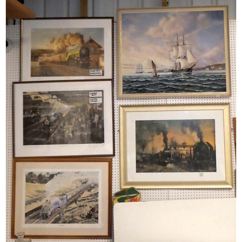 357 - Two limited edition Railway prints together with two further prints and an oil on board of a sailing... 