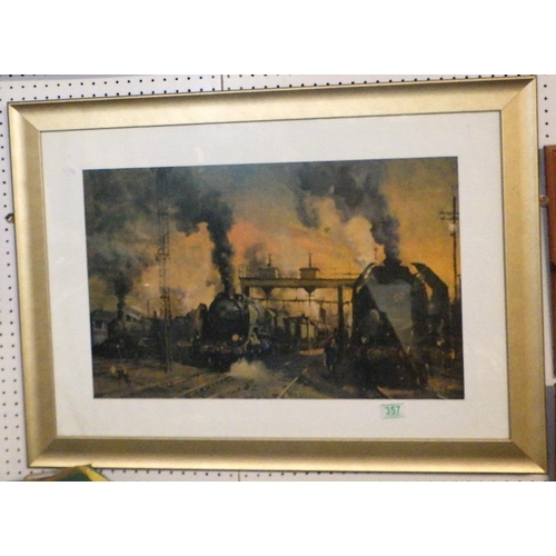 357 - Two limited edition Railway prints together with two further prints and an oil on board of a sailing... 