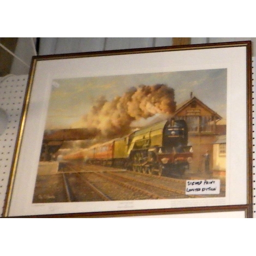 357 - Two limited edition Railway prints together with two further prints and an oil on board of a sailing... 