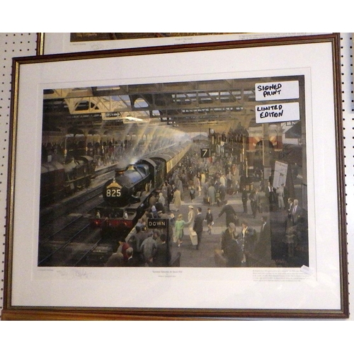 357 - Two limited edition Railway prints together with two further prints and an oil on board of a sailing... 