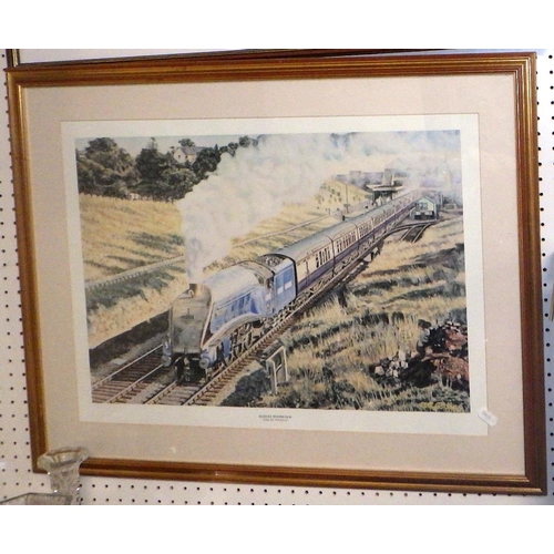 357 - Two limited edition Railway prints together with two further prints and an oil on board of a sailing... 