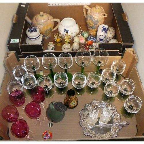 360 - Two boxes of misc collectables to inc Aynsley, green stemmed glasses etc (2)