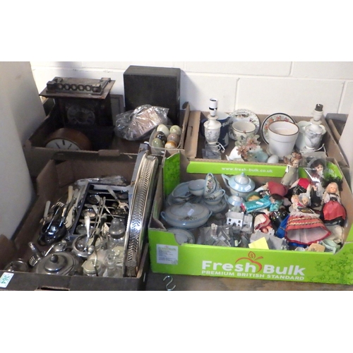 364 - Four boxes of misc collectables to inc marble eggs, silver plate, ceramics and tourist dolls (4)