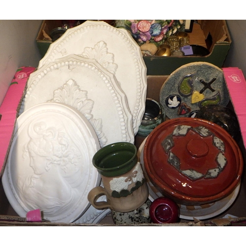 368 - Two boxes of misc ceramics, plaster plaques, art pottery etc AF (2)