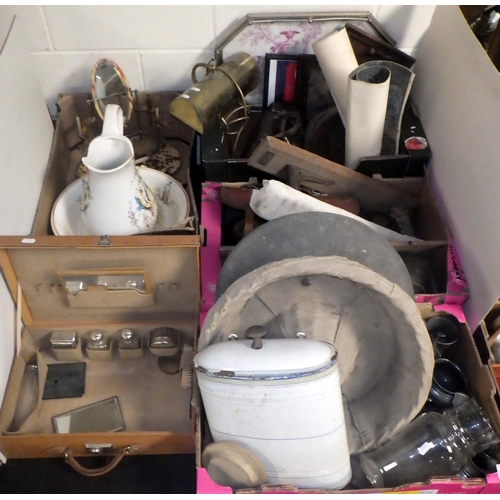 371 - A large qty of misc to inc, bowling balls, metal wares, enamel water can, vanity case etc AF