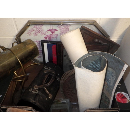 371 - A large qty of misc to inc, bowling balls, metal wares, enamel water can, vanity case etc AF