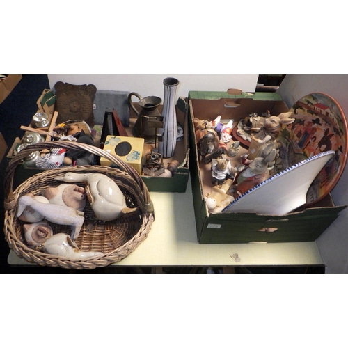 375 - Two boxes of misc collectables and a wicker baskets