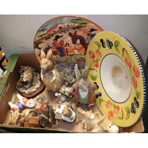 375 - Two boxes of misc collectables and a wicker baskets