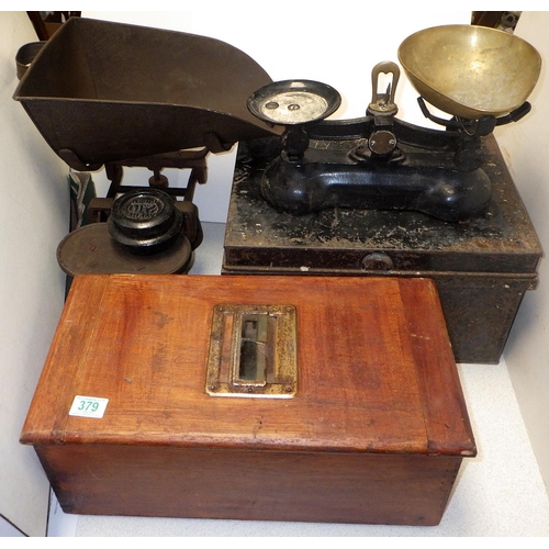 379 - Two sets of weighing scales, till and a tin box