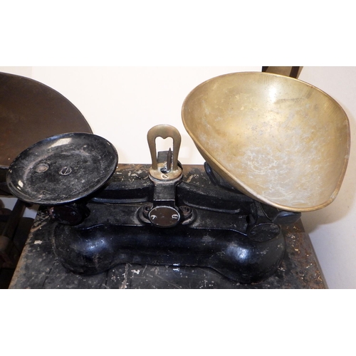 379 - Two sets of weighing scales, till and a tin box