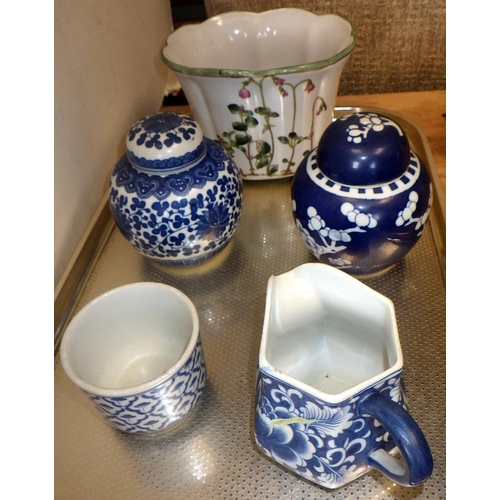 390 - Two Oriental small ginger jars, planter and a jug & bowl