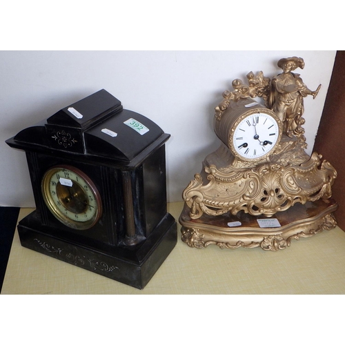 392 - An overpainted French mantle clock together with a slate mantle clock (2)