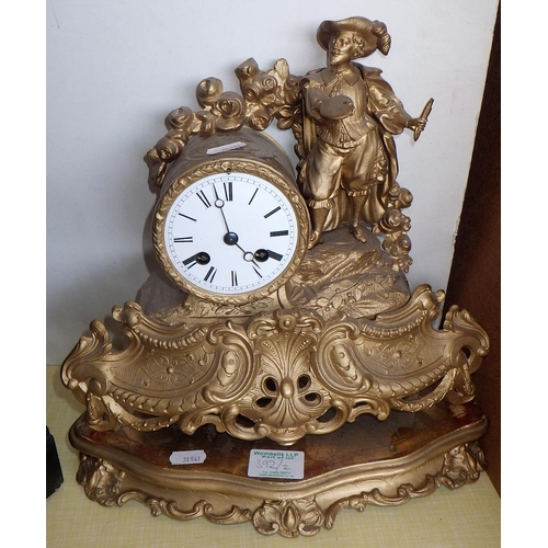 392 - An overpainted French mantle clock together with a slate mantle clock (2)