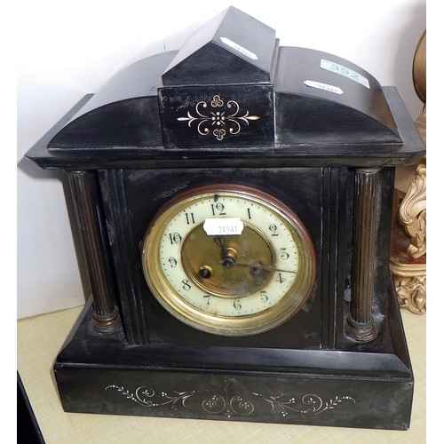 392 - An overpainted French mantle clock together with a slate mantle clock (2)