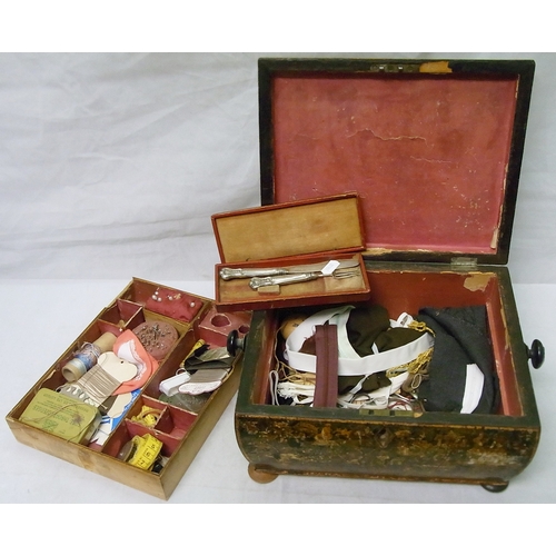 257 - A Victorian Chinoiserie work box, a/f; a cased silver knife and fork set.