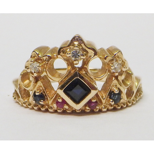 25 - A Stuart Devlin Jewelled Crown Ring, comprising diamonds, sapphires and rubies in a 14ct gold settin... 