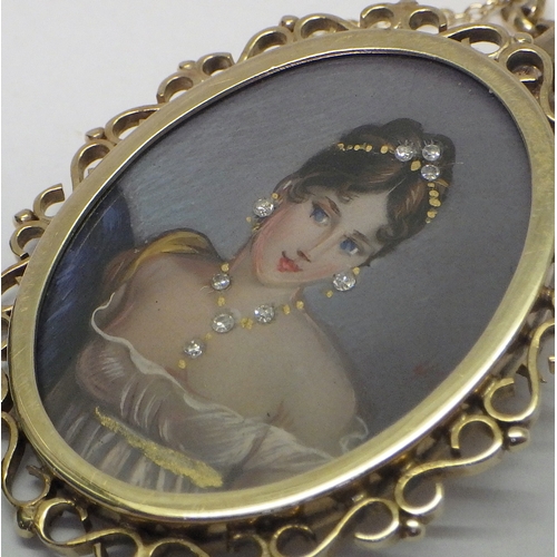 29 - A brooch pendant comprising a 20th cent portrait miniature set with diamonds in a 9ct gold setting w... 