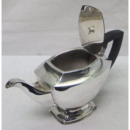 6 - An Art Deco influence silver three piece tea set comprising teapot, milk jug and sugar bowl, John Lo... 