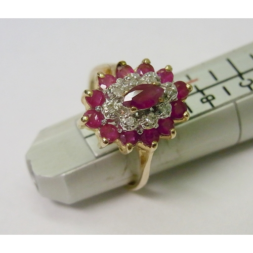 37 - A 9ct gold cluster ring comprising 13 synthetic rubies and 8 moissanite stones, head 14 x 11mm / 2.5... 