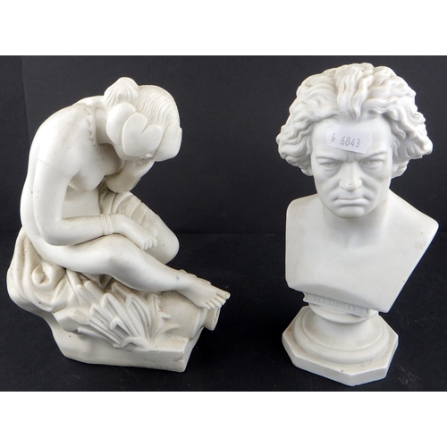 184 - A pair of Parian figures together with a Beethoven bust and a seated lady AF (4)