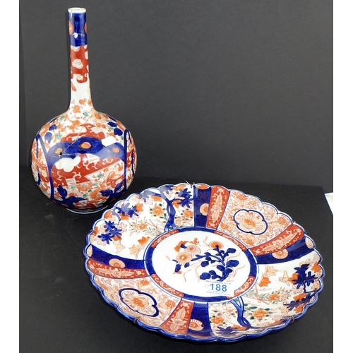 188 - An Imari charger 30cm diameter together with a restored Imari onion bottle vase (2)