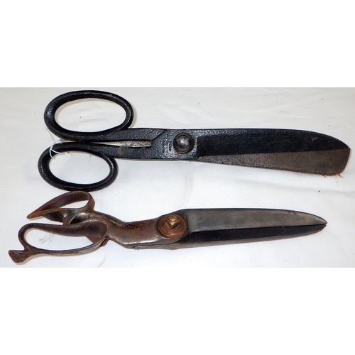 189 - A pair large Plum of London iron tailors scissors 37cm long together with a similar unmarked steel p... 