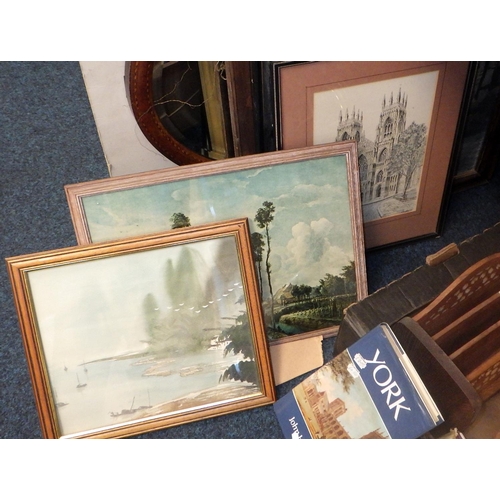 190 - A group misc prints, mirror, woodwares etc (qty)