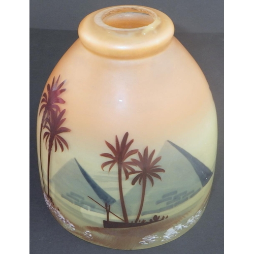 249 - An etched oil lamp shade together with a painted  Egyptian scene shade (2)