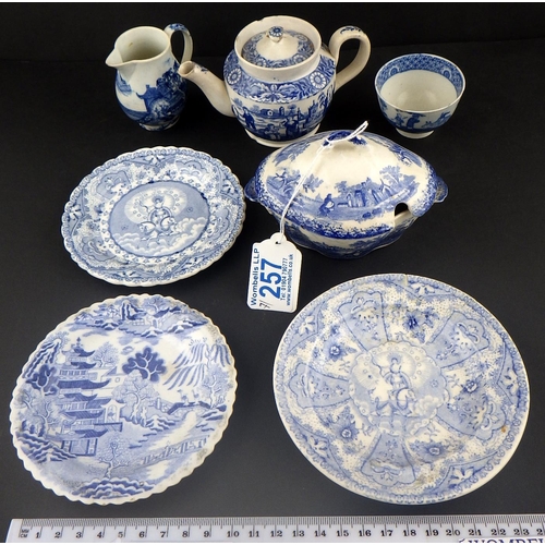 257 - A Blue & White early 19thC sparrow beak jug together with six various miniature pieces AF (7)