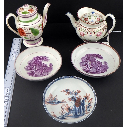 261 - A 18th C Liverpool saucer together with two small lustre bowls and two tea pots AF (5)