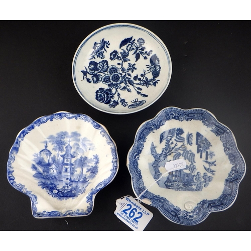 262 - Two blue and white 19thC pickle dishes together with two further dishes and five saucers AF (9)