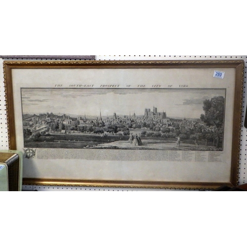 280 - The South-East View Of The City Of York, Samuel and Nathaniel Buck engraving 90 x 50cm inc frame