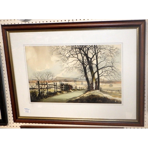 283 - James Hurley landscape watercolour together with Margaret A Greaves lake scene watercolour and a Joh... 