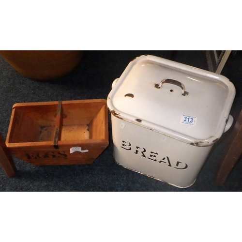 313 - An Enamel bread bin together with a wooden EGGS holder (2)