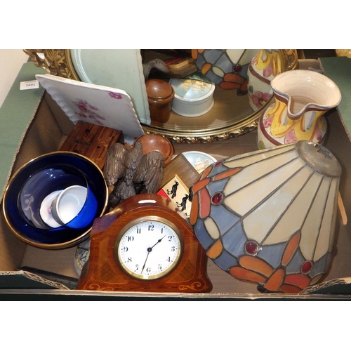 324 - An Edwardian inlaid mantle clock together with misc collectables, mirror, lamp, decanter etc