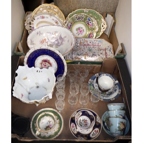 127 - Two boxes of misc ceramics to include Granger Worcester plate sherry / liquor glasses etc