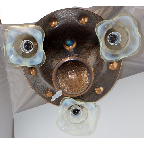 137 - An Arts & Crafts beaten copper hanging ceiling light with Ruskin roundels and opalescent shades appr... 
