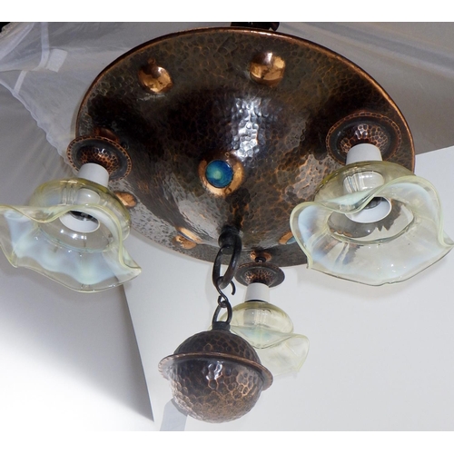 137 - An Arts & Crafts beaten copper hanging ceiling light with Ruskin roundels and opalescent shades appr...