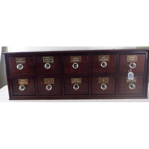 139 - Bank of 10 20th cen mahogany Apothecary drawers with brass name plates & decorative glass handles  8... 