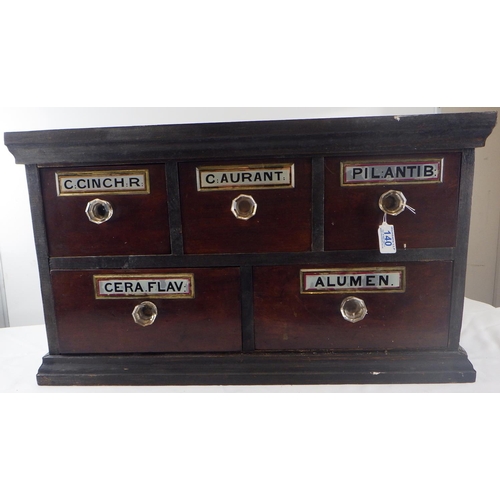 140 - Bank of 5 Apothecary drawers with glass name plates & decorative glass handles. 67 x39cm