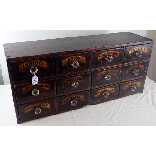 141 - Bank of 12 Victorian pine Apothecary drawers with painted name plates & decorative glass handles 82 ...