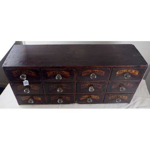 141 - Bank of 12 Victorian pine Apothecary drawers with painted name plates & decorative glass handles 82 ... 