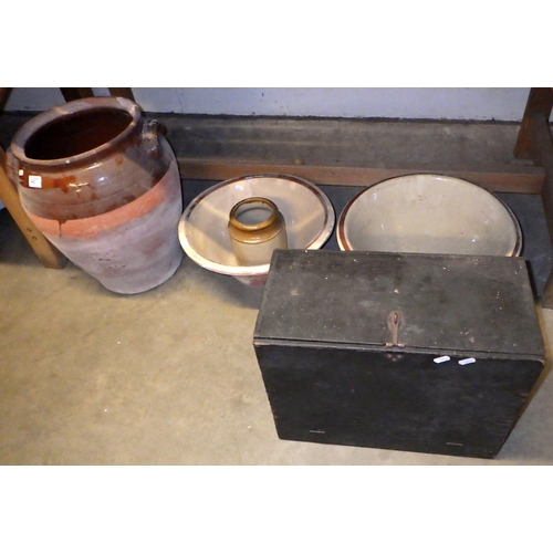 487 - Two pancheons, semi glazed crock pot etc