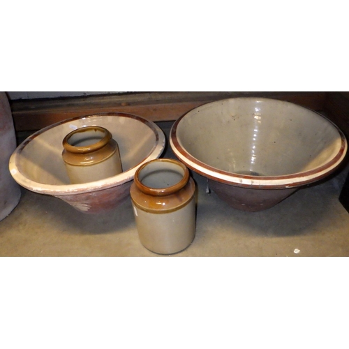 487 - Two pancheons, semi glazed crock pot etc