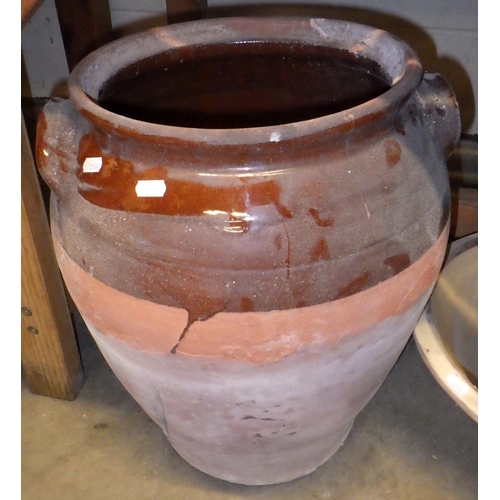 487 - Two pancheons, semi glazed crock pot etc