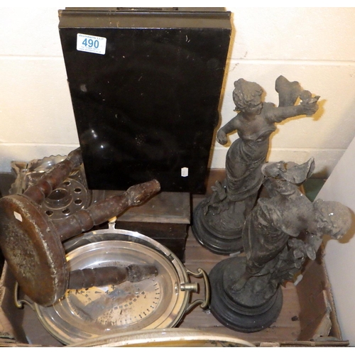 490 - A qty of misc collectables to inc spelter figures, carved bison, lamps, etc